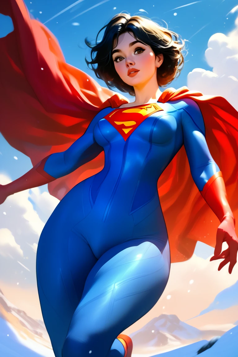 score_6_up, score_5_up, score_9, score_8_up, score_7_up, snow, solo, concept art, female, black hair, parted bangs, brown eyes, wearing superman hero costume, skin tight, bodysuit, superhero, blue bodysuit, red bodysuit, superman emblem on chest, large breasts, thick thighs, flying, looking at viewer. space background, dramatic lighting. from below.