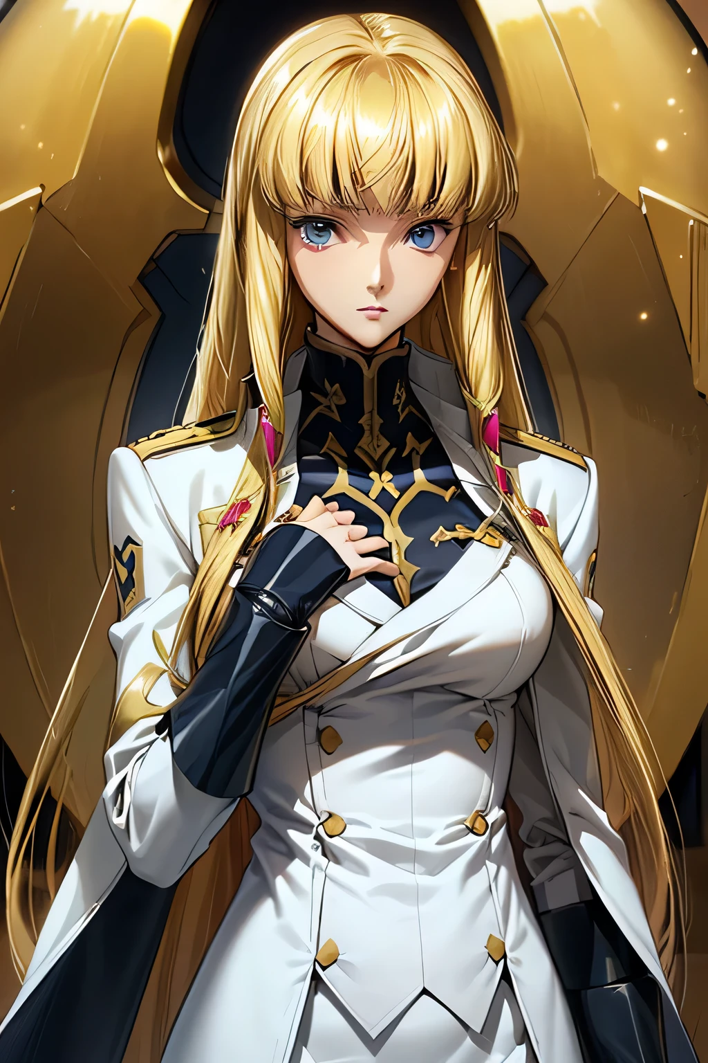  perfect anatomy　 best quality, highest resolution,(((shiny white military uniform　Blonde　Dark blue eyes)))　 Code Geass 　Monica　 long hair　 straight　expressionless　flat chest　woman　cool