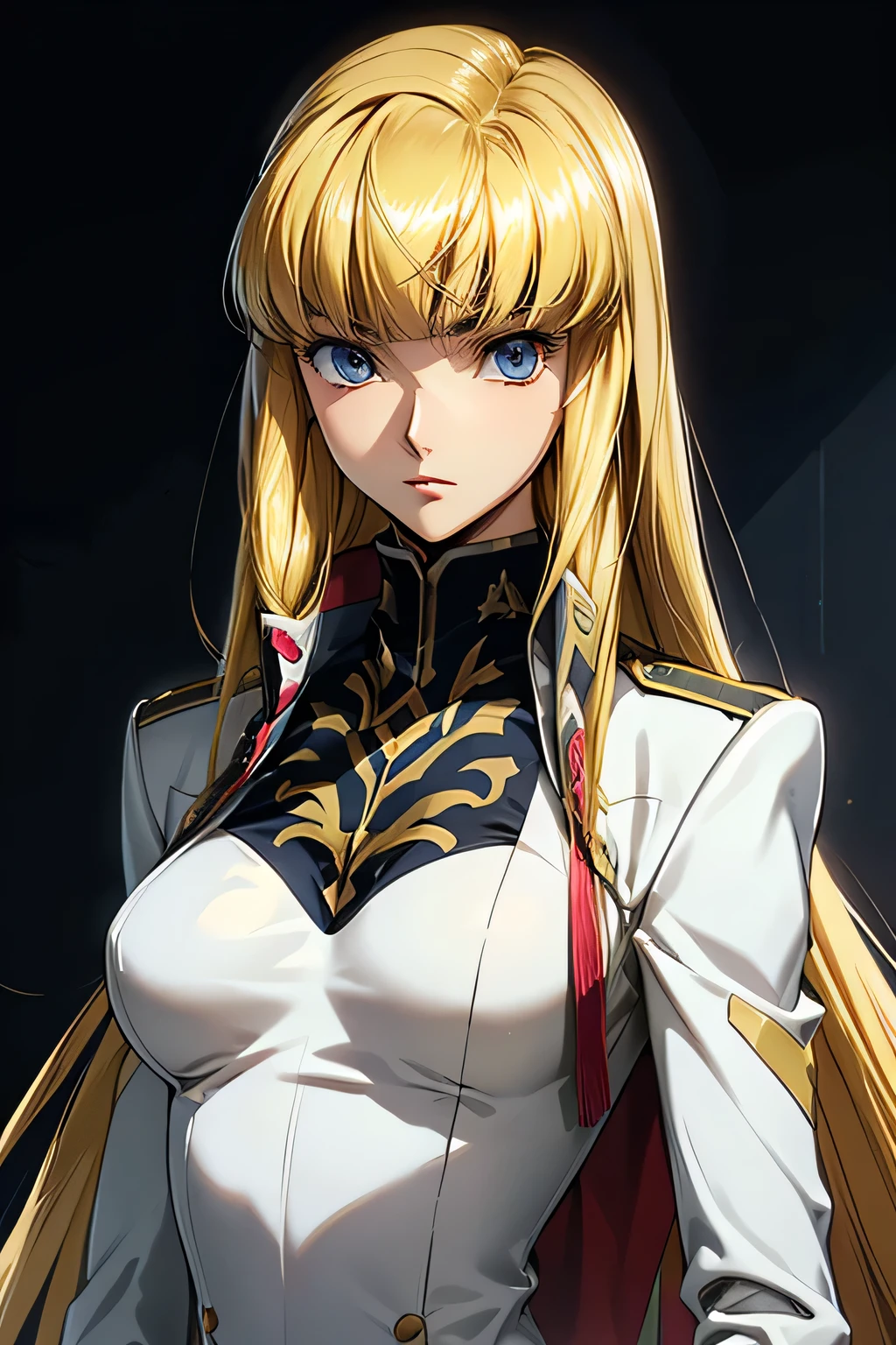  perfect anatomy　 best quality, highest resolution,(((shiny white military uniform　Blonde　Dark blue eyes)))　 Code Geass 　Monica　 long hair　 straight　expressionless　flat chest　woman　cool