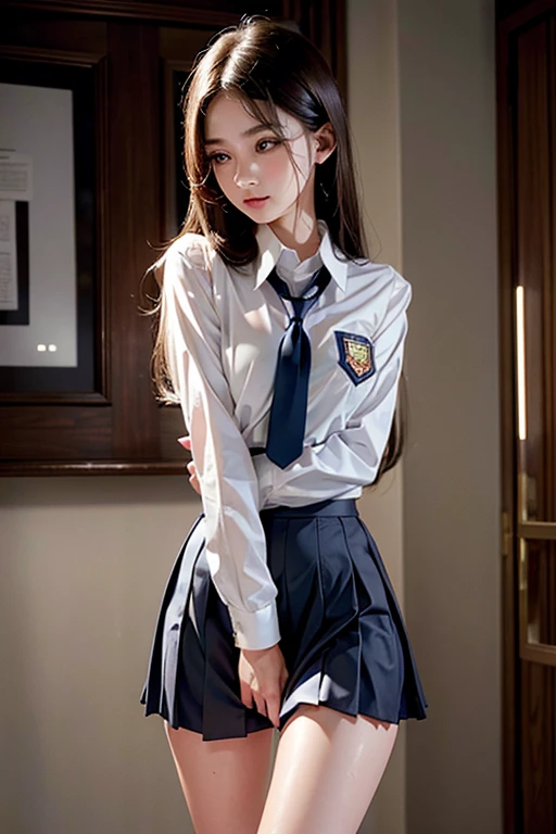 1girl, 22 years old, High Resolution, Long Hair, High Resolution, Anatomically Correct, medium Breasts, desperate expression, (sfw), Pee stain, wet patch between legs

School uniform
