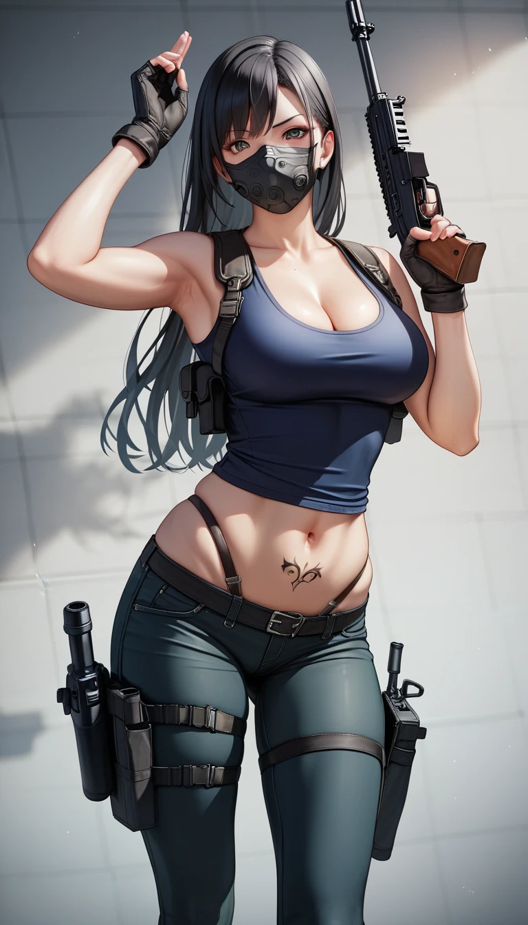 masterpiece,  best quality, 1 person, detailed background 、A person who writes in detail、 accurate human body、Knowledgeable person、( accurate 5 fingers ), female high school student female,Thighsが太い,curvy body、Thighs、Alone,(middle breasts), 1girl,a woman restrained, the photo shows her in black with a large gun in her hand, 1girl, gun, breasts, Alone, rifle, black hair, cleavage, mask, gloves, navel, holster, pants,stomach womb_tattoo