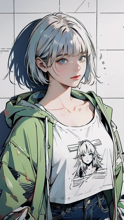 masterpiece, Highest quality, Very detailed, 8k, Realistic, super close up of chest, focus on chest, One Girl, alone, Very detailed face, (head shot:1.5), Standing in front of a wall covered in hip hop graffiti, Cyberpunk neon cityscape,Pixie cut white hair, She is wearing a short neon tank top and an open hoodie, Nice ass, (flat chest:1.2), nsfw