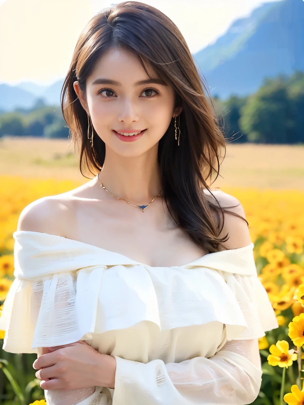 ((( best quality)))、(((Ultra-precision CG16K wallpaper)))、(((Super detailed)))、(((Mature 24 year old woman、one person:1.8)))、((Very beautiful Japanese face))、(((Zuo々Nozomi)))、(( medium hair with high background、bangs))、(Shiny brown hair)、(Sparkling Eyes)、Thin eyebrows、Seductive lips、((C cup size breasts ))、((Beautiful breasts))、((Beautiful Skin))、( cleavage)、 perfect proportions、 perfect anatomy、Perfect composition、 beautiful detailed shading、 beautiful natural lighting 、 beautiful details glow 、 natural light、Front lighting、 depth of field、Full screen image、((( high chroma)))、((( real:1.8)))、(((sharp:1.5)))、(((Upper body image:1.6)))、(((Front image:1.6)))、(((Smile)))、(((looking at me:1.8)))、(((background_Flower Field、Mountain:1.2)))、( Standing Pose :1.6)、(((cream ivory color off shoulder merino dress to wear:1.4)))、((Wearing a necklace))、