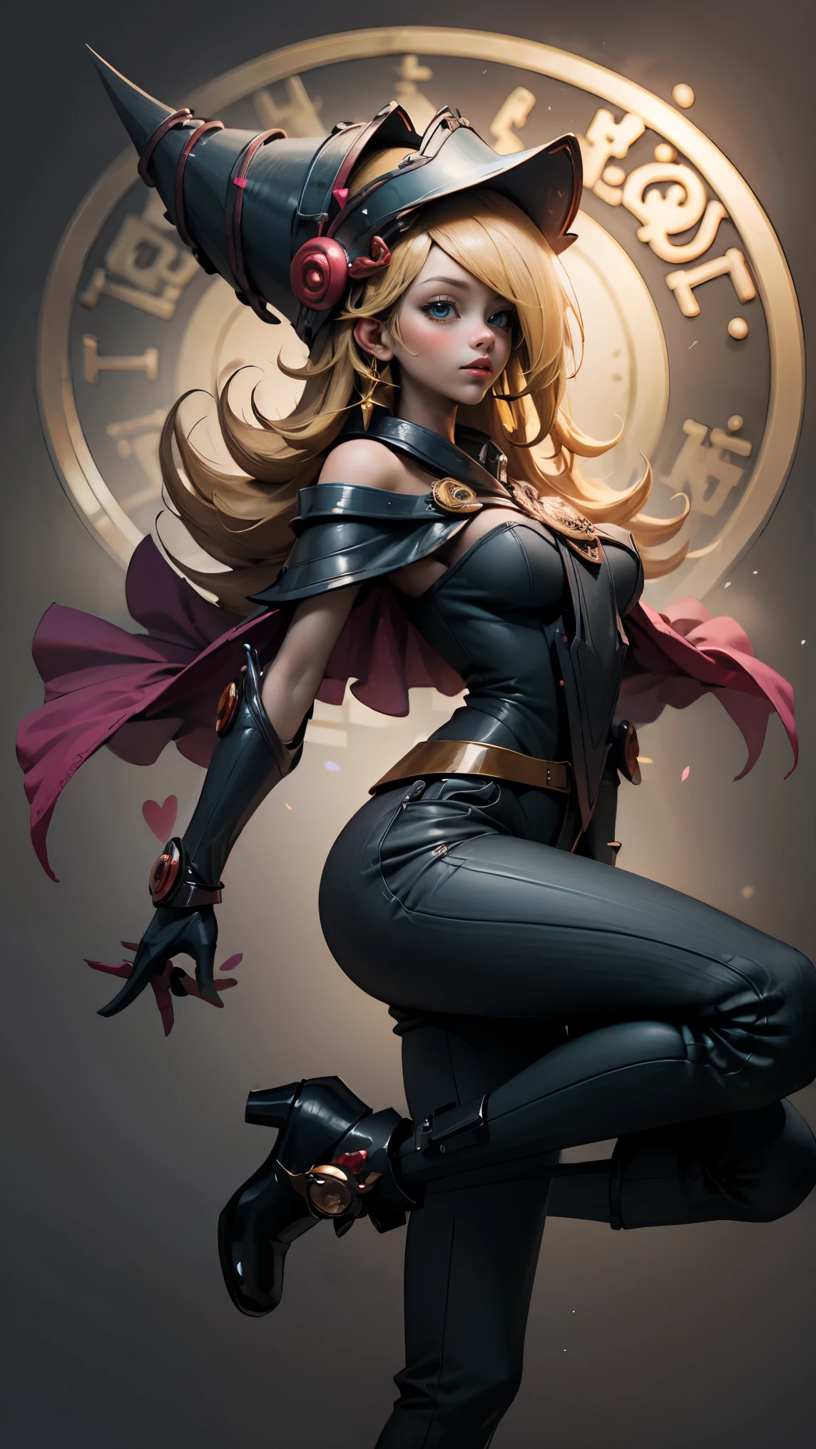 Dark wizard Gils dressed as Harley Quinn. He has blonde and black hair. blue eyes. Red lips. Gils, the dark magician, Did you dress up like Harley Quinn?. Sensual and innocent pose. circus background 