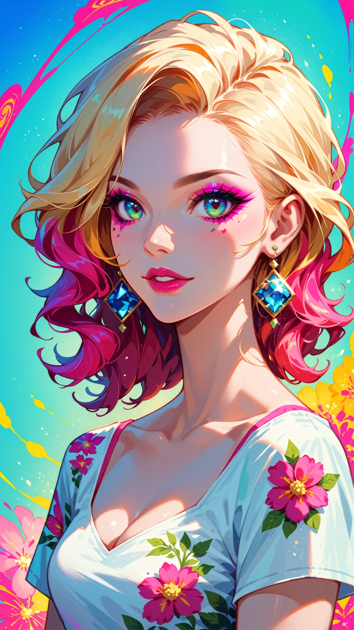 Create pop art-style digital artwork, Vibrant and confident woman featuring bold makeup and colorful fashion, movie color scheme, Surrounded by vintage floral patterns, Vibrant strokes,Emotions should be dynamic, Upper Body, , illustration, 