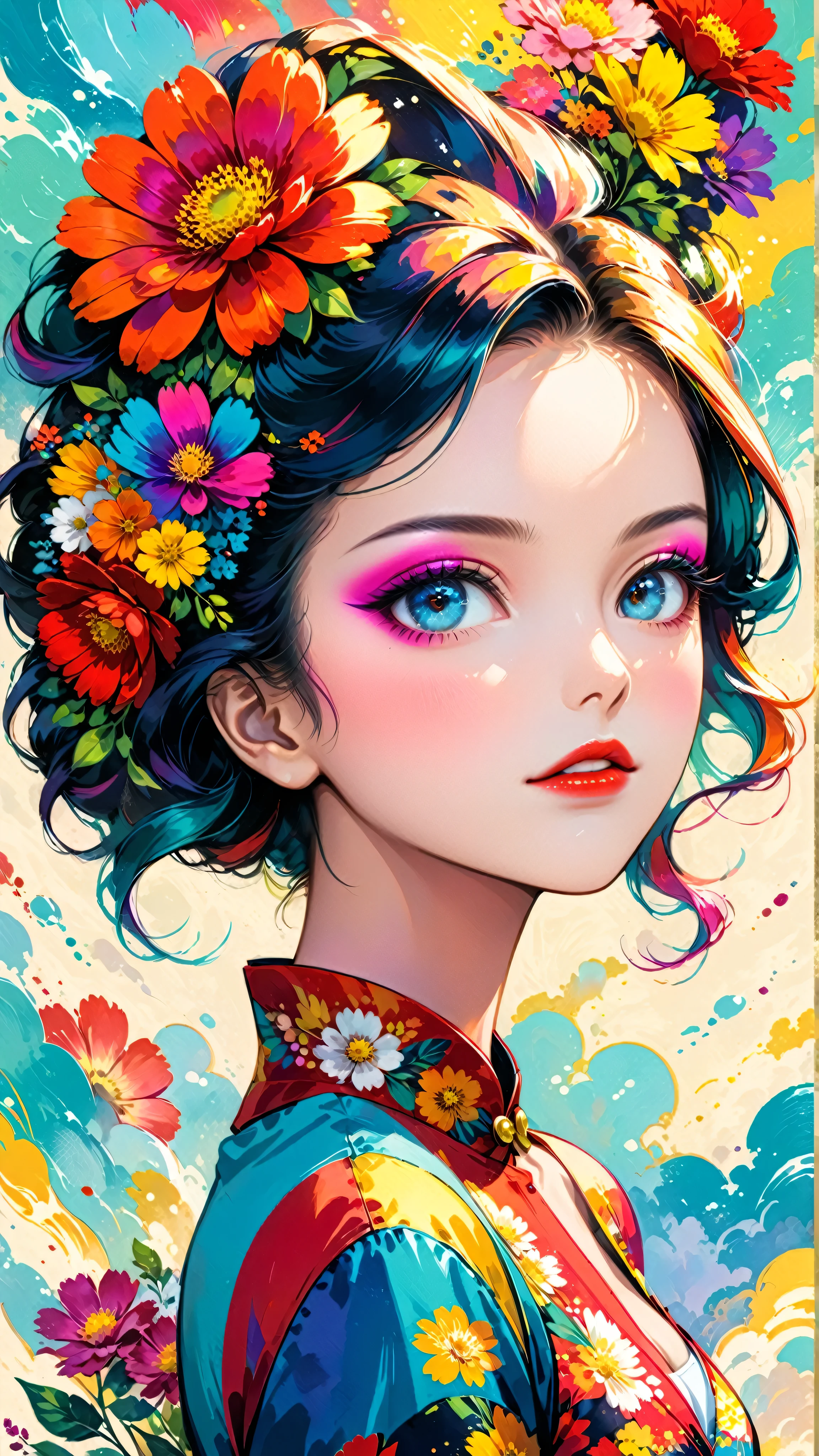 Create pop art-style digital artwork, Vibrant and confident woman featuring bold makeup and colorful fashion, movie color scheme, Surrounded by vintage floral patterns, Vibrant strokes,Emotions should be dynamic, Upper Body, , illustration, 