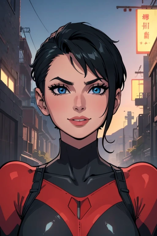 (art, Best quality, absurd, 4K, aesthetics, perfect eyes, perfect face, detailed, complex, Perfect lighting) 1 girl with fair skin, dark shaved short hair, wears a red and black futuristic bodysuit, queen of an alien race, warrior, gentle smile