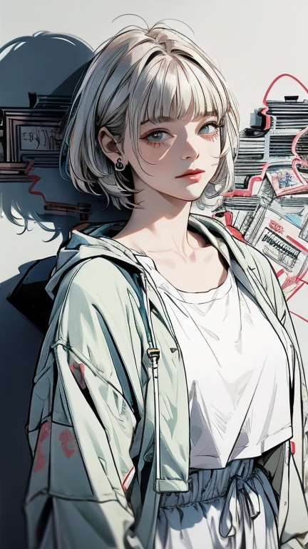 masterpiece, Highest quality, Very detailed, 8k, Realistic, super close up of chest, focus on chest, One Girl, alone, Very detailed face, (head shot:1.5), Standing in front of a wall covered in hip hop graffiti, Cyberpunk neon cityscape,Pixie cut white hair, She is wearing a short neon tank top and an open hoodie, Nice ass, (flat chest:1.2), nsfw