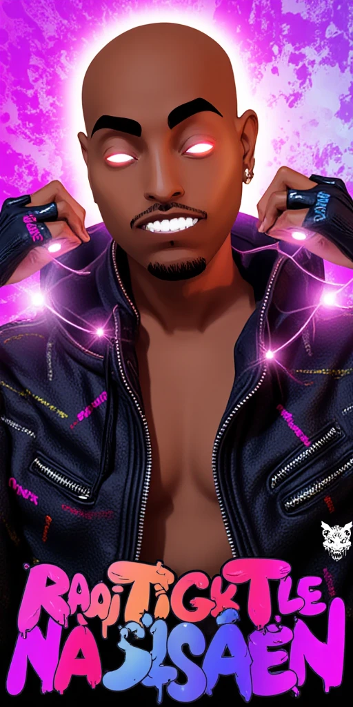 3D animated Character Nztykle . The man is Muscular Wearing Streetwear, the man has super close shaven skin Bald Head::5.1 , dreamscape portraiture, eye-catching detail, A 3D render of an anime-style bald-headed character with brown skin and glowing white eyes. The character is set against an Vibrant Pastel The character exudes a mysterious aura. The background contains provocative text phrases like "Raptile," "Talijuano," and shocking confessions. The words "NA LISTEN" are prominently displayed in large, bold letters at the bottom, with a random and creative color scheme that is 3 contrasting colors that are interesting . The scene is further enhanced with mature elements such as 18+ icons, , and a smirking emoji, adding a controversial and mature touch to the theme. highly detailed illustrations, in the style of 8k resolution, in the style of realistic detail, juxtaposition of hard and soft lines, 3D animated Character Nztykle powerful warlock in streetwear NIke x Takashi Murakami x Raf Simmons x Yeezy x Pharrell Williams x Kaws, avatar animated style, 3d, 8k, in the style of Jed-clrfl