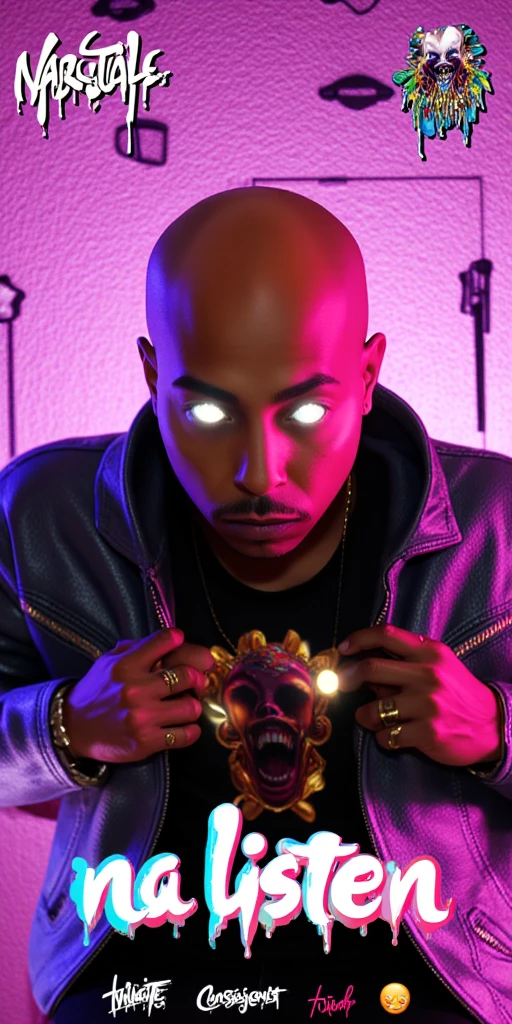 3D animated Character Nztykle . The man is Muscular Wearing Streetwear, the man has super close shaven skin Bald Head::5.1 , dreamscape portraiture, eye-catching detail, A 3D render of an anime-style bald-headed character with brown skin and glowing white eyes. The character is set against an Vibrant Pastel The character exudes a mysterious aura. The background contains provocative text phrases like "Raptile," "Talijuano," and shocking confessions. The words "NA LISTEN" are prominently displayed in large, bold letters at the bottom, with a random and creative color scheme that is 3 contrasting colors that are interesting . The scene is further enhanced with mature elements such as 18+ icons, , and a smirking emoji, adding a controversial and mature touch to the theme. highly detailed illustrations, in the style of 8k resolution, in the style of realistic detail, juxtaposition of hard and soft lines, 3D animated Character Nztykle powerful warlock in streetwear NIke x Takashi Murakami x Raf Simmons x Yeezy x Pharrell Williams x Kaws, avatar animated style, 3d, 8k, in the style of Jed-clrfl