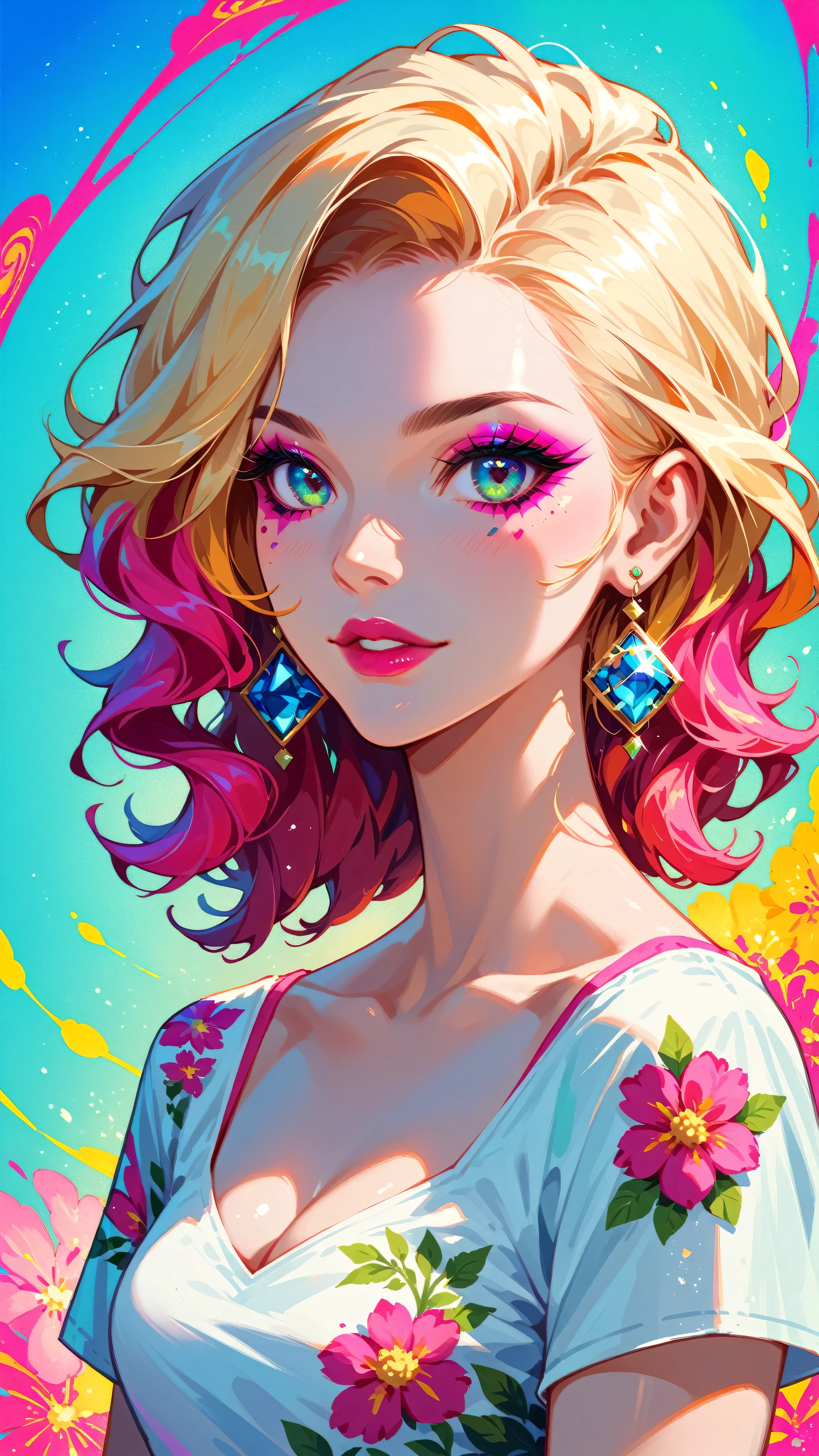 Create pop art-style digital artwork, Vibrant and confident woman featuring bold makeup and colorful fashion, movie color scheme, Surrounded by vintage floral patterns, Vibrant strokes,Emotions should be dynamic, Upper Body, , illustration, 