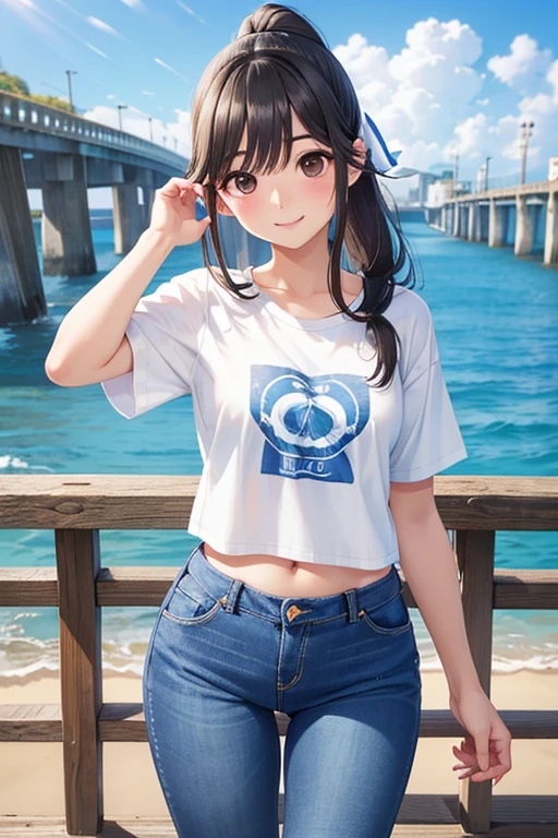 Takane Manaka、 Shiny brown long hair、 ribbon ponytail,、 beautiful brown eyed  、smile、Sparkling Eyes, (fine grain)、 very detailed eyes 、 extremely detailed face,  very detailed eyes , masterpiece,  best quality,  high definition , ( best quality,masterpiece:1.2),Alone,Alone、 cowboy shots、



 ocean, handrail, wearing jeans, jeans, denim pants, smile, (Wave:0.9),  standing under a bridge ,   beach background ,  sky background , Wooden bridge,   white t-shirt ,  Crop Shirt 、Belly button
,