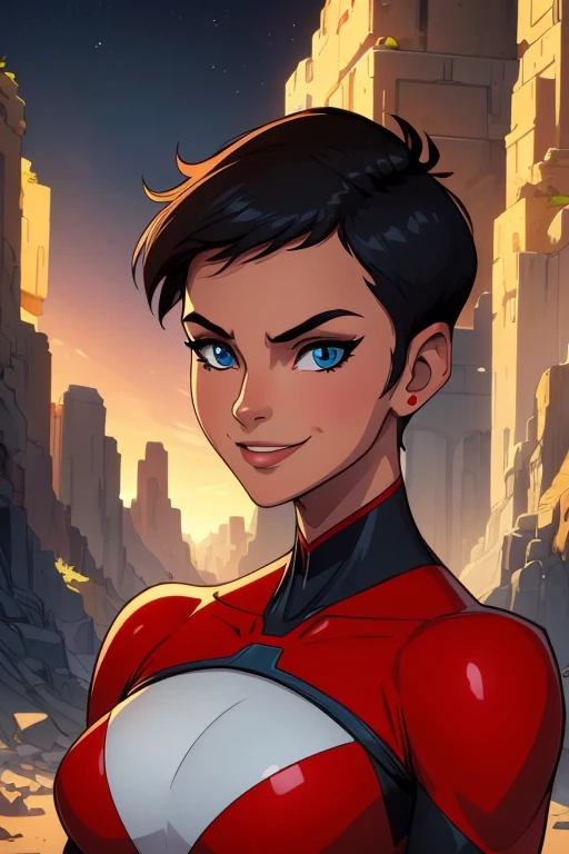 (art, Best quality, absurd, 4K, aesthetics, perfect eyes, perfect face, detailed, complex, Perfect lighting) 1 girl with fair skin, dark shaved short hair, wears a red and black futuristic bodysuit, queen of an alien race, warrior, gentle smile