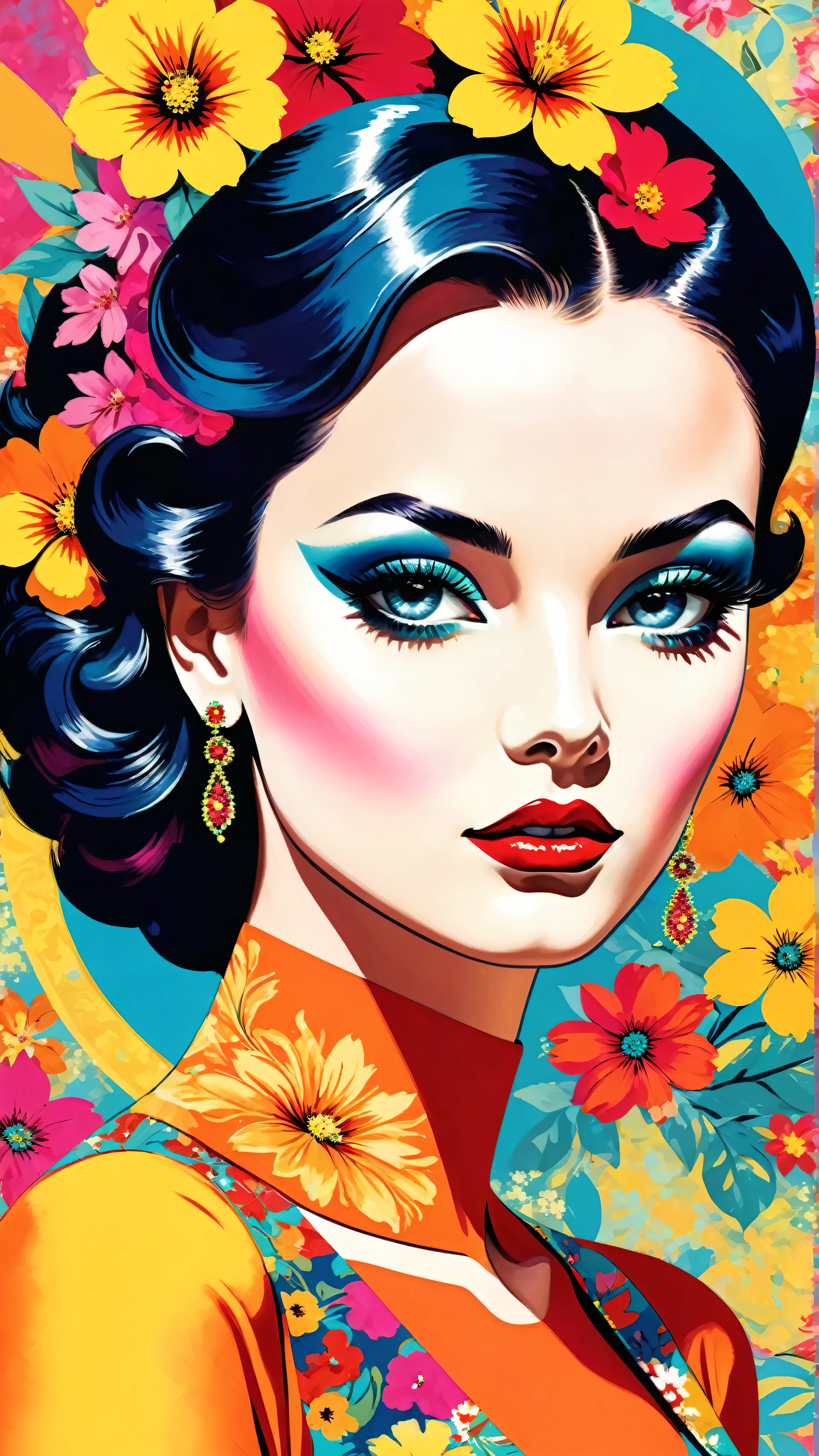 Create pop art-style digital artwork, Vibrant and confident woman featuring bold makeup and colorful fashion, movie color scheme, Surrounded by vintage floral patterns, Vibrant strokes,Emotions should be dynamic, Upper Body, , illustration,