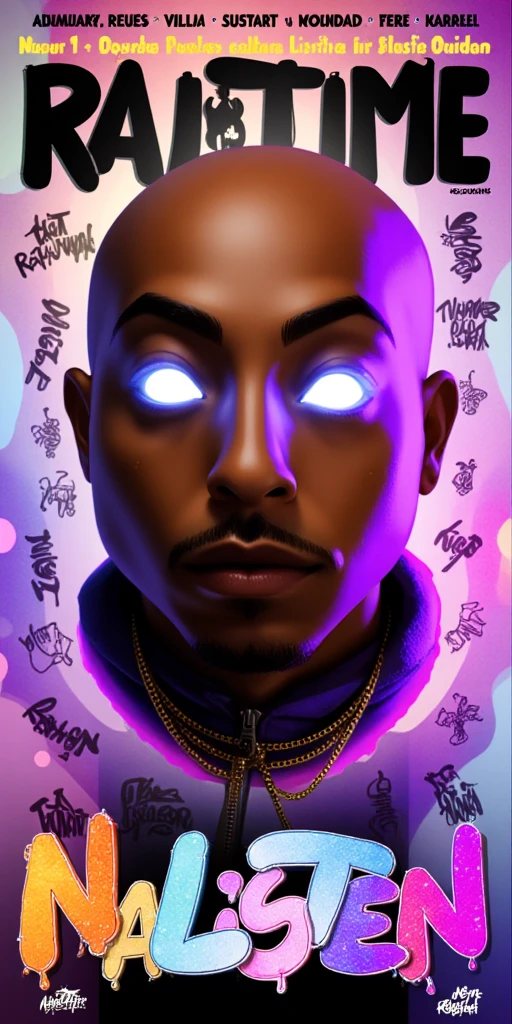 3D animated Character Nztykle . The man is Muscular Wearing Streetwear, the man has super close shaven skin Bald Head::5.1 , dreamscape portraiture, eye-catching detail, A 3D render of an anime-style bald-headed character with brown skin and glowing white eyes. The character is set against an Vibrant Pastel The character exudes a mysterious aura. The background contains provocative text phrases like "Raptile," "Talijuano," and shocking confessions. The words "NA LISTEN" are prominently displayed in large, bold letters at the bottom, with a random and creative color scheme that is 3 contrasting colors that are interesting . The scene is further enhanced with mature elements such as 18+ icons, , and a smirking emoji, adding a controversial and mature touch to the theme. highly detailed illustrations, in the style of 8k resolution, in the style of realistic detail, juxtaposition of hard and soft lines, 3D animated Character Nztykle powerful warlock in streetwear NIke x Takashi Murakami x Raf Simmons x Yeezy x Pharrell Williams x Kaws, avatar animated style, 3d, 8k, in the style of Jed-clrfl