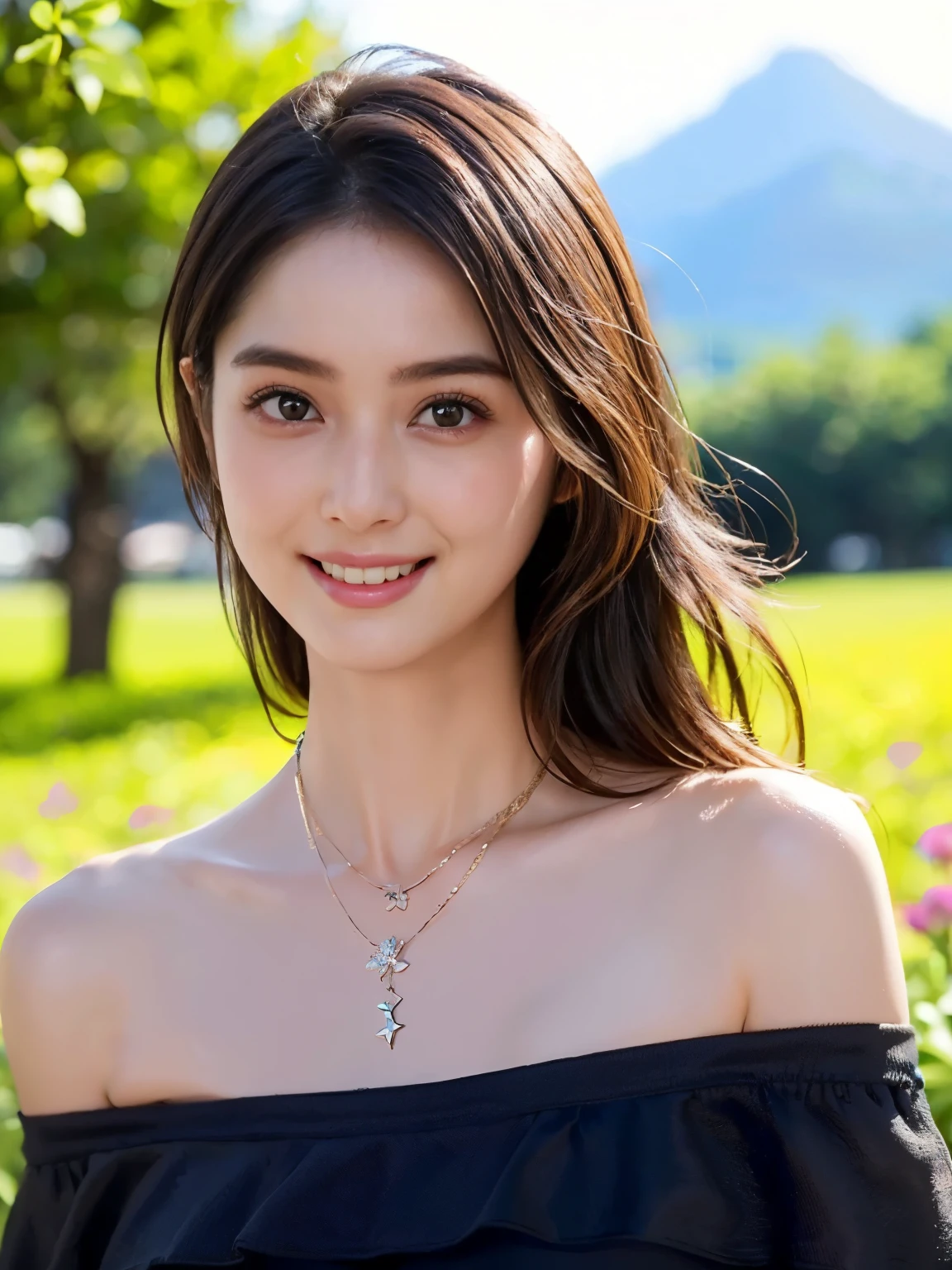 ((( best quality)))、(((Ultra-precision CG16K wallpaper)))、(((Super detailed)))、(((Mature 24 year old woman、one person:1.8)))、((Very beautiful Japanese face))、(((Zuo々Nozomi)))、(( medium hair with high background、bangs))、(Shiny brown hair)、(Sparkling Eyes)、Thin eyebrows、Seductive lips、((C cup size breasts ))、((Beautiful breasts))、((Beautiful Skin))、( cleavage)、 perfect proportions、 perfect anatomy、Perfect composition、 beautiful detailed shading、 beautiful natural lighting 、 beautiful details glow 、 natural light、Front lighting、 depth of field、Full screen image、((( high chroma)))、((( real:1.8)))、(((sharp:1.5)))、(((Upper body image:1.6)))、(((Front image:1.6)))、(((Smile)))、(((looking at me:1.8)))、(((background_Flower Field、Mountain:1.2)))、( Standing Pose :1.6)、(((wearing a black off-the-shoulder dress:1.4)))、((Wearing a necklace))、