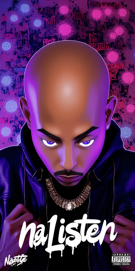 3D animated Character Nztykle . Lazers Shooting From Eyes::6 The man is Muscular Wearing Streetwear, the man has super close shaven skin Bald Head::5.1 , dreamscape portraiture, eye-catching detail, A 3D render of an anime-style bald-headed character with brown skin and glowing white eyes. The character is set against an Vibrant Pastel The character exudes a mysterious aura. The background contains provocative text phrases like "Raptile," "Talijuano," and shocking confessions. The words "NA LISTEN" are prominently displayed in large, bold letters at the bottom, with a random and creative color scheme that is 3 contrasting colors that are interesting . The scene is further enhanced with mature elements such as 18+ icons, , and a smirking emoji, adding a controversial and mature touch to the theme. highly detailed illustrations, in the style of 8k resolution, in the style of realistic detail, juxtaposition of hard and soft lines, 3D animated Character Nztykle powerful warlock in streetwear NIke x Takashi Murakami x Raf Simmons x Yeezy x Pharrell Williams x Kaws, avatar animated style, 3d, 8k, in the style of Jed-clrfl