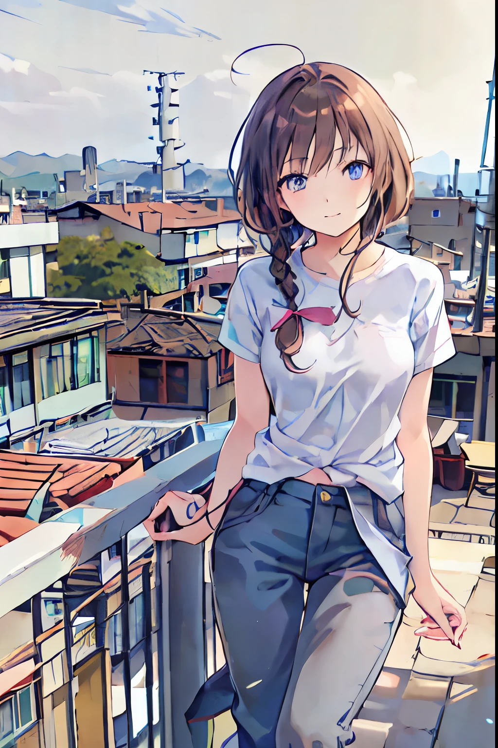 ((masterpiece)), (Anime:1.5), (( best quality)), ( RAW photo:1.2), ( high definition :1.3), (Professional photography:1.2), (chromatic aberration), one girl , (()), (Serious), ( beautiful brown eyed :1.3), Viewers, Plain Shirt, O-ring, Bedhead, Medium Hair , ( pants that have a small hip area), ((Take off your work pants)), 明るい brown hair, ( small breasts), Cute waist, Outdoor, ((Top of the big bell tower)), brown hair, shortcut , hair is disheveled, Short Braided Hair ,Neat, Slender Beauty ,Dignified posture, small breasts,Beautiful legs,Her mesmerizing grey-blue eyes shine like stars., bright color , beautiful eyes ,A delicate smile,textured skin, best qualityのものが最高, gentle and beautiful woman ,Anime風、