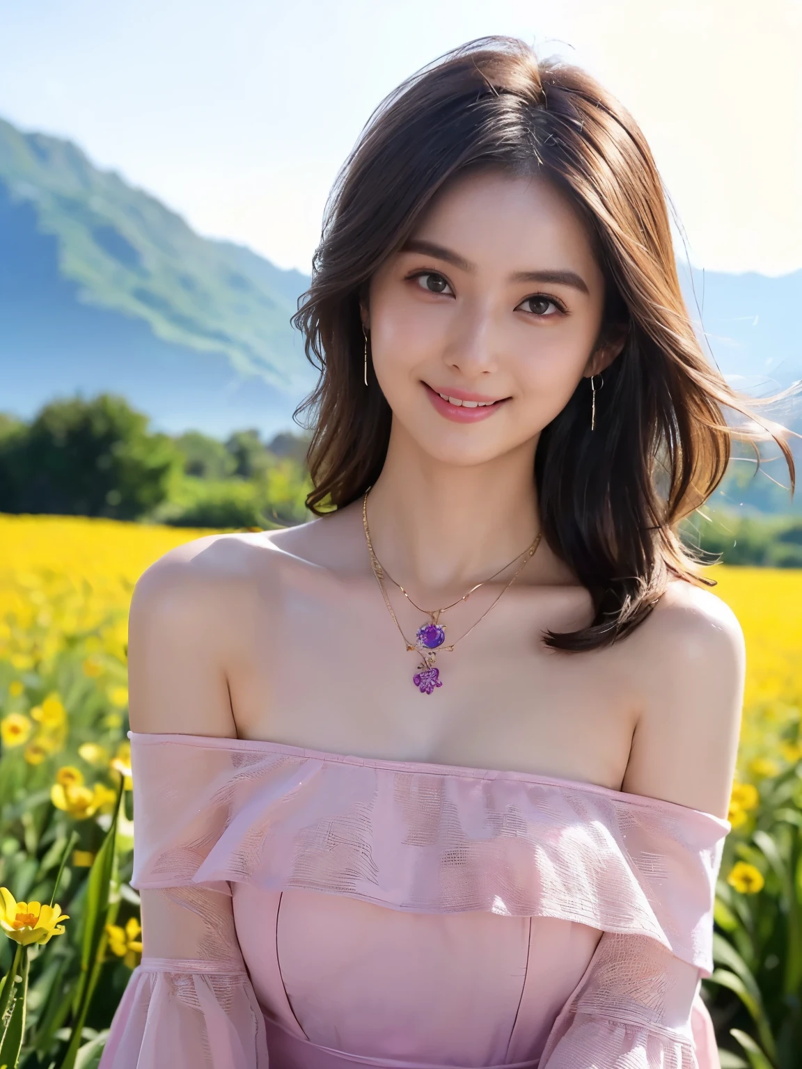 ((( best quality)))、(((Ultra-precision CG16K wallpaper)))、(((Super detailed)))、(((Mature 24 year old woman、one person:1.8)))、((Very beautiful Japanese face))、(((Zuo々Nozomi)))、(( medium hair with high background、bangs:1.2))、(Shiny brown hair)、(Sparkling Eyes)、Thin eyebrows、Seductive lips、((C cup size breasts ))、((Beautiful breasts))、((Beautiful Skin))、( cleavage)、 perfect proportions、 perfect anatomy、Perfect composition、 beautiful detailed shading、 beautiful natural lighting 、 beautiful details glow 、 natural light、Front lighting、 depth of field、Full screen image、((( high chroma)))、((( real:1.8)))、(((sharp:1.5)))、(((Upper body image:1.6)))、(((Front image:1.6)))、(((Smile)))、(((looking at me:1.8)))、(((background_Flower Field、Mountain:1.2)))、( Standing Pose :1.6)、(((Wearing a mauve off-the-shoulder dress:1.4)))、((Wearing a necklace))、
