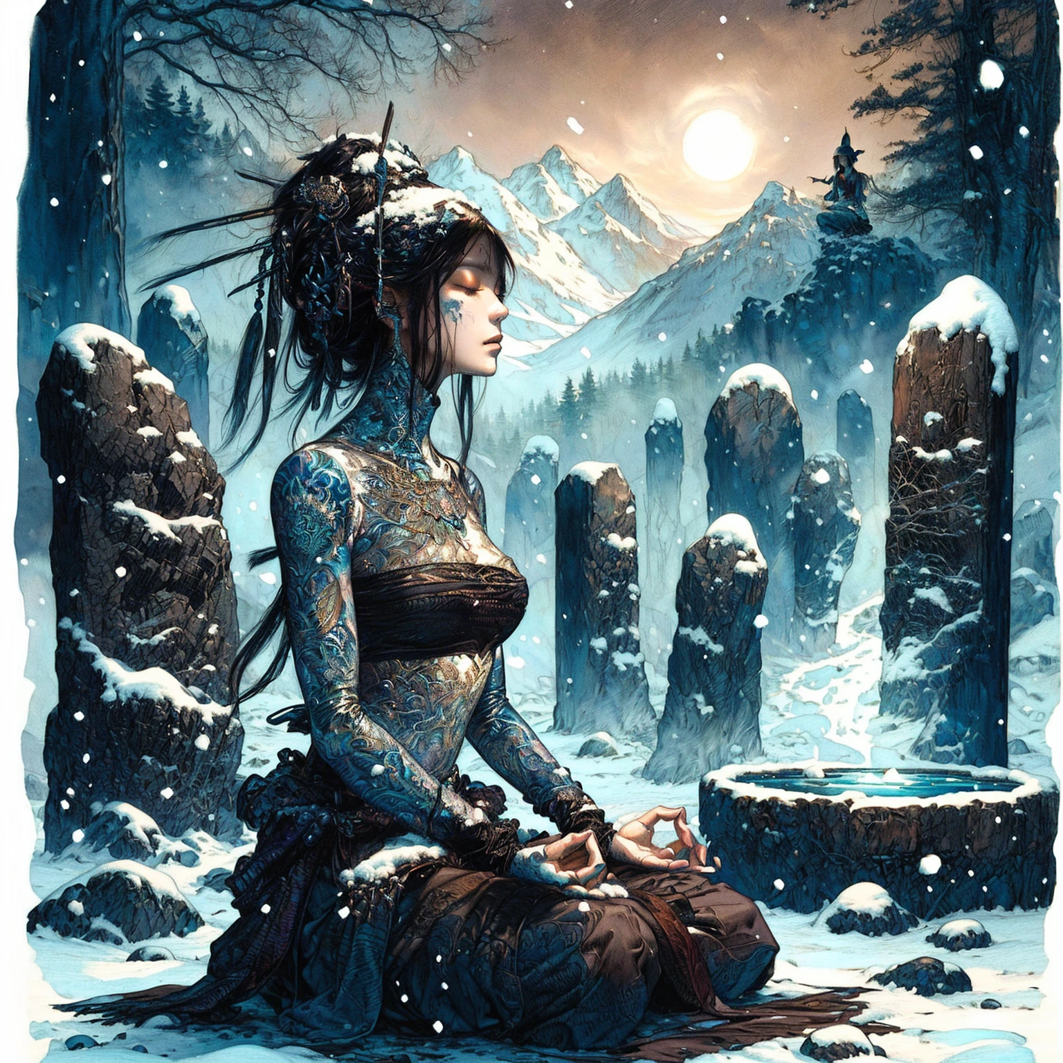 a woman sitting on a rock in the snow meditating, dan mumford tom bagshaw, gothic maiden shaman, painting by dan mumford, in the style dan mumford artwork, in the art style of dan mumford, goddess of winter, ( ( ( ( ( dan mumford ) ) ) ) ), el bosco and dan mumford, dan mumford and alex grey style, dan mumford paint