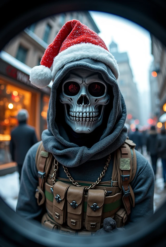 Create Simon "ghost" Riley from Call of duty shirtless and muscular with his tattoos on his arm next to his skull balaclava in a cabin with a Christmas tree with a pose on the ground and sexy