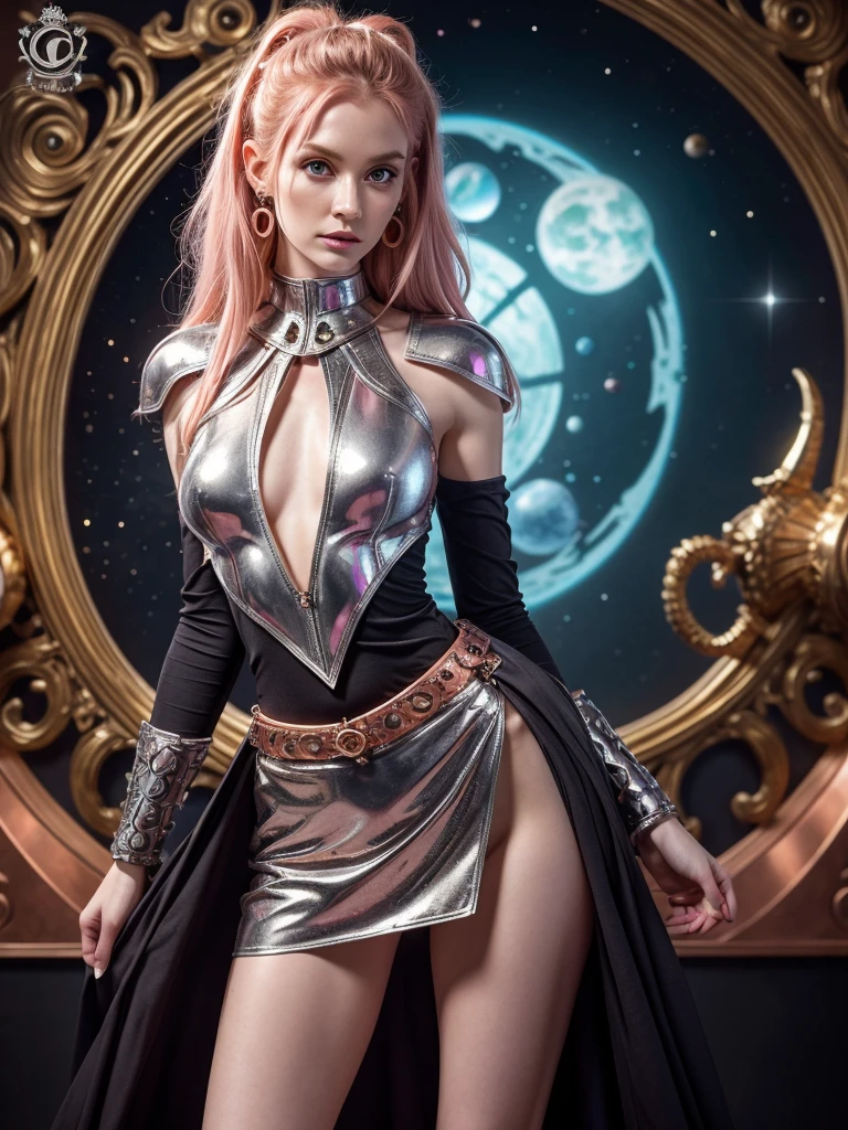 A female human figure who personifying the tarot of The Moon, dressed in crimson, flecked silver-white, light translucent pinkish brown and stone colour, corporeal intelligence, The Ruler of Flux and Reflux,The of the Sons of the Mighty, pisces, Caza art, digital art