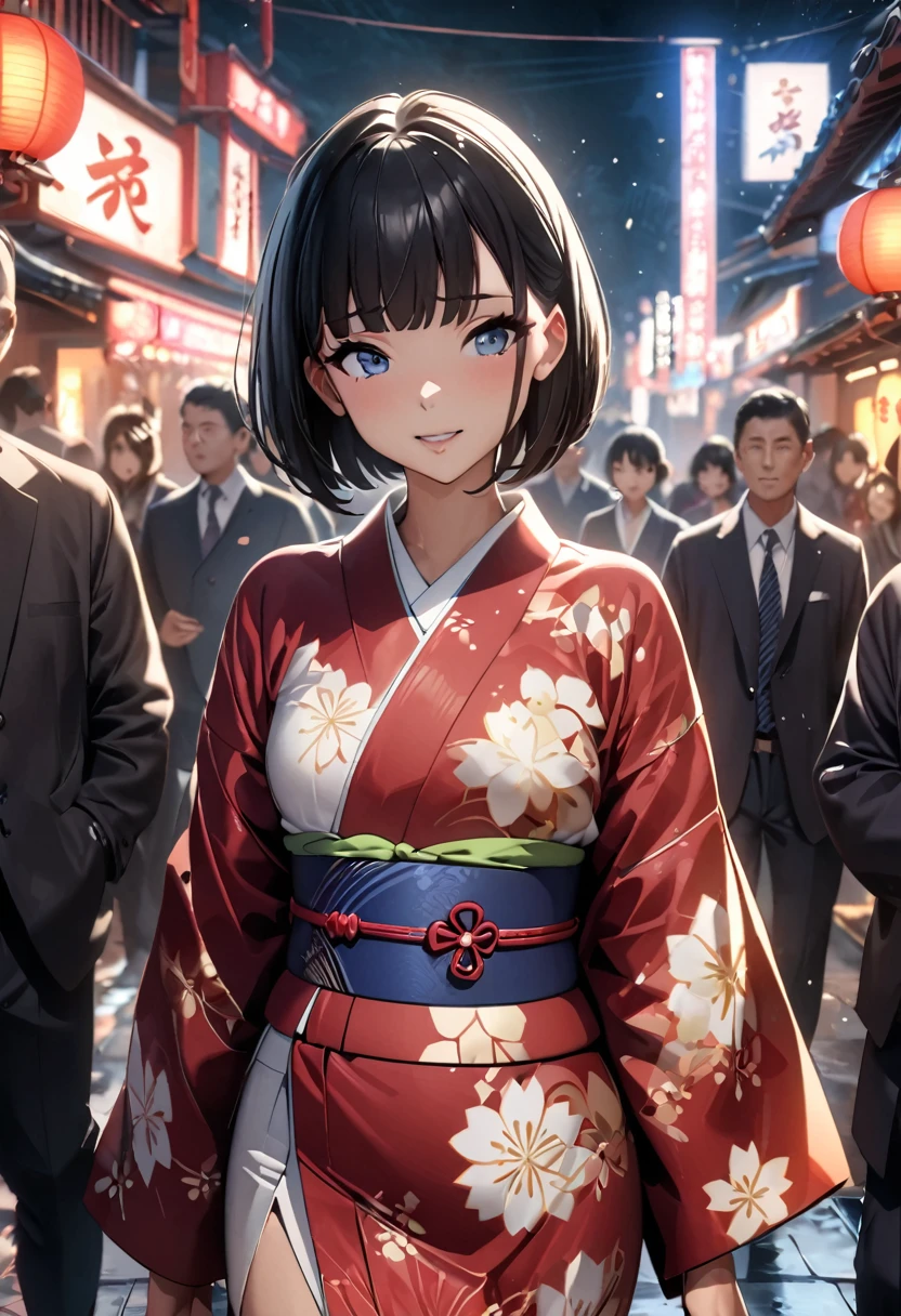 japan anime style,best quality, masterpiece, High Definition , 1 girl, Beautiful and perfect face, bob cut from the front, japanese kimono,kimono, Cinematic atmosphere, 8k, several people having fun with each other while having very detailed,small breast,美しい胸,雪,冬