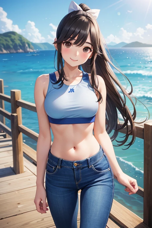 Takane Manaka、 Shiny brown long hair、 ribbon ponytail,、 beautiful brown eyed  、smile、Sparkling Eyes, (fine grain)、 very detailed eyes 、 extremely detailed face,  very detailed eyes , masterpiece,  best quality,  high definition , ( best quality,masterpiece:1.2),Alone,Alone、 cowboy shots、



 ocean, handrail, wearing jeans, jeans, denim pants, smile, (Wave:0.9),  standing under a bridge ,   beach background ,  sky background , Wooden bridge,   Sports Bra 、Belly button
,