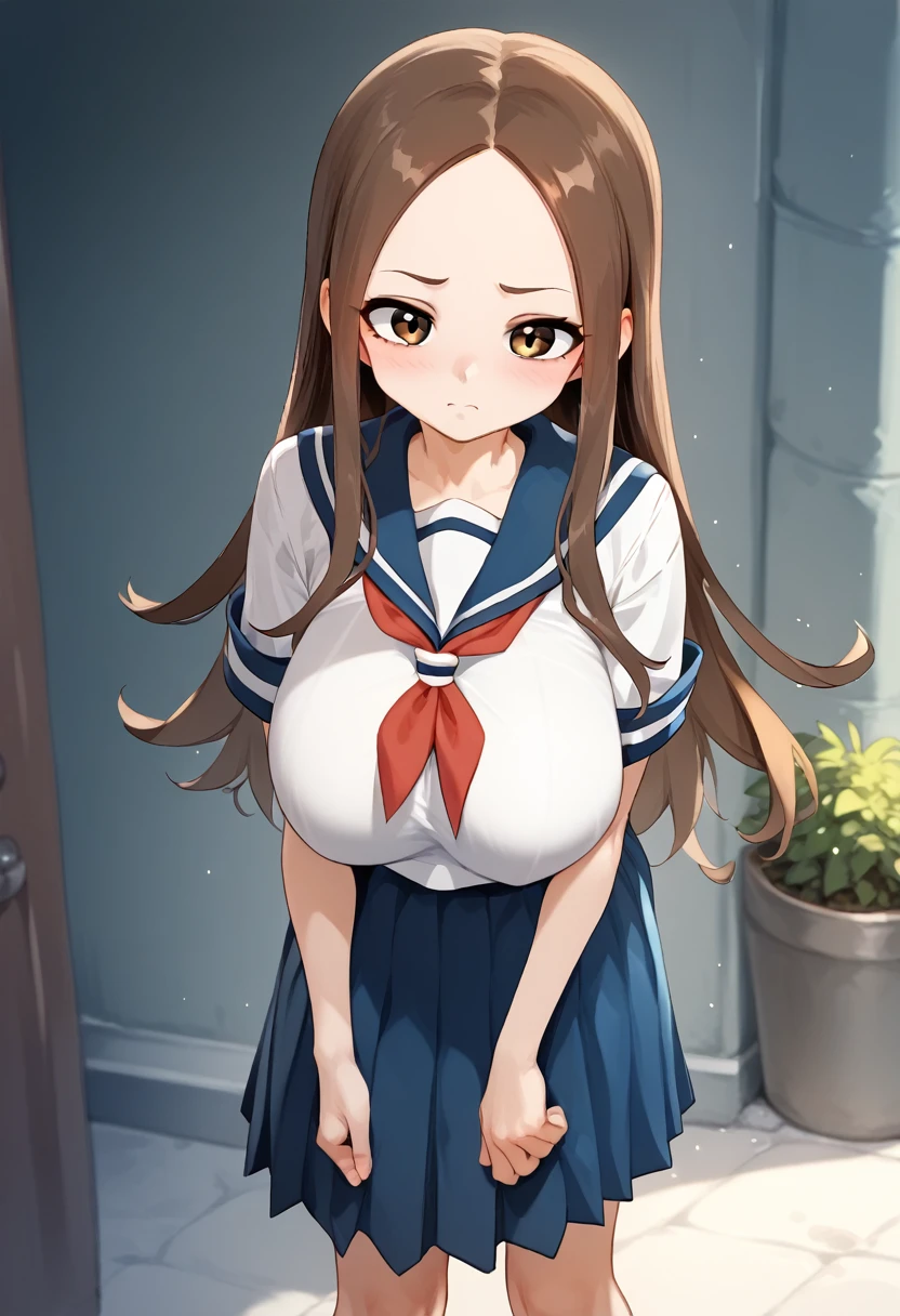 、takagi-san、score_9, score_8_up, score_7_up, 1girl, Alone, Takagi, brown hair, brown eyes, long hair,  white serafuku, blue stripes, blue skirt, red necktie、((huge breast))、hanging breasts
、 short stature 、 is short、(**** Big )、**、
{Highest quality}, {so beautiful}, {Very detailed}, {Best illustrations},Life、slim:1.5、Are standing、