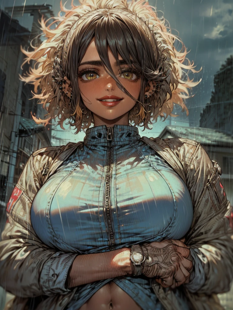 (a young woman:1.2)| (a girl:1.1), dark skin, portrait, makeup, super detailed, Dragon Ball Z style, city, straight look, contoured.