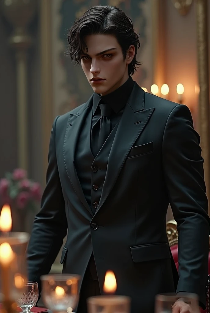 um vampiro muito bonito, magro, corpo masculino, rosto detalhado, Corpo detalhado, wearing a black suite, respingos de sangue, cabelo preto, brincos, o fundo velho castelo fantasia, sangue flutuando.