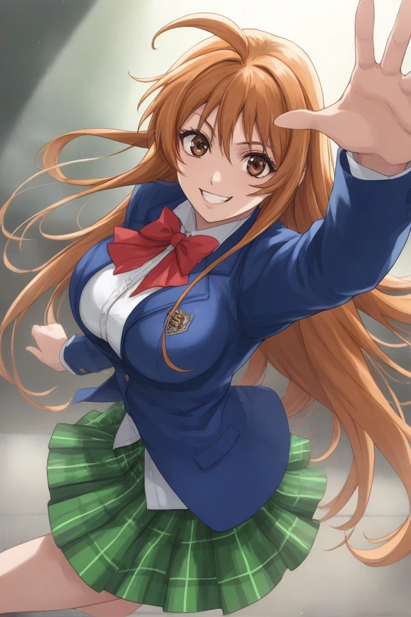 best quality,masterpiece,looking at viewer,absurdres,1girl,score_9,score_8_up,score_7_up,source_anime BREAK natsume aya,orange hair,long hair,brown eyes,ahoge,breasts,white ,skirt,bow,plaid,large breasts,jacket, plaid, green plaid skirt, blue blazer, evil smile, invulnerability, fighting stance