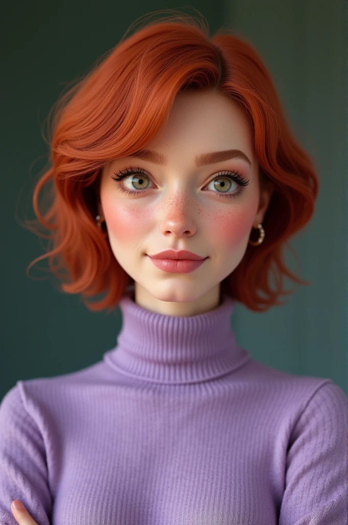 Caucasian woman, redhead, ((curly hair)), medium hair, honey eyes, lined eyes, (shiny eyes), highlights eyes, (freckles on face), red lipstick, makeup, smile, ((freckles on body)), athletic body, ((small breasts)), ((((navy blue top)))). Frontal shot.