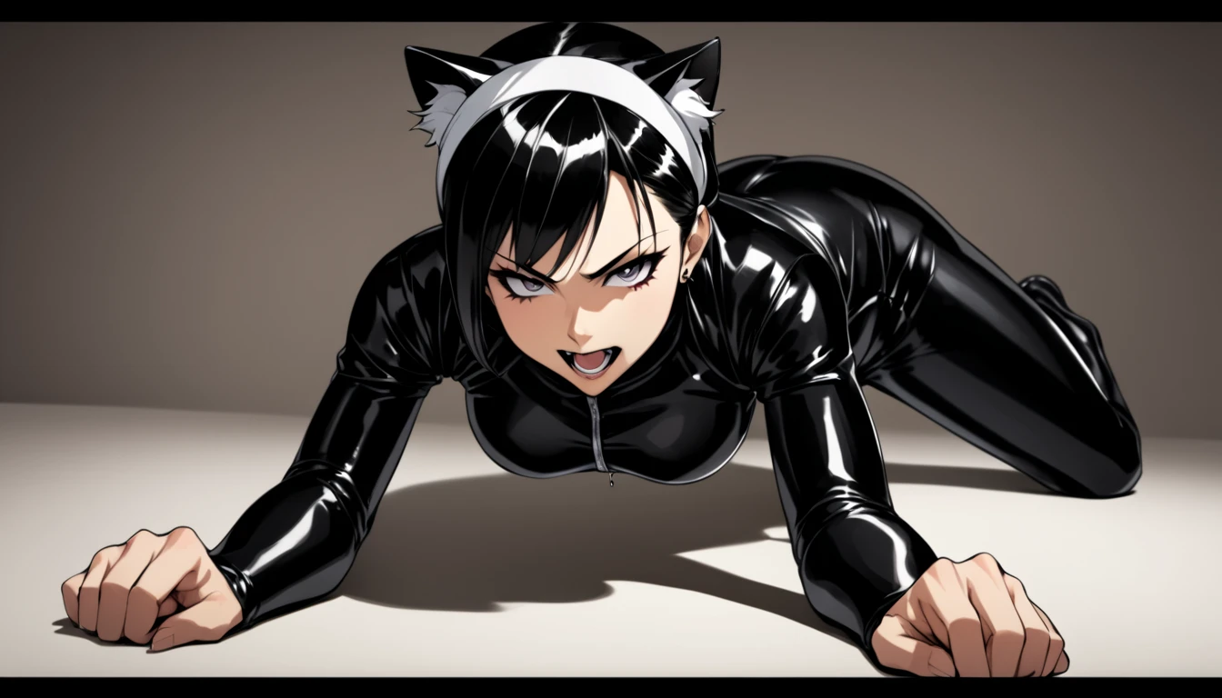 yourichi shihouin from bleach having sex, being penetrated by a man in doggy position. wears catwoman suit
