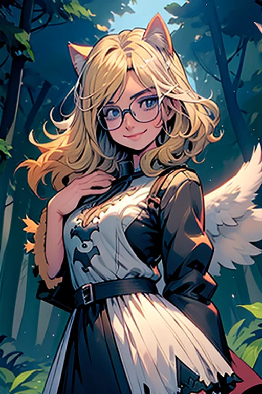 Perfect face. Perfect hands. A blonde haired woman with blue eyes and glasses and blonde cat ears and a cat tail and white wings in a Gothic dress is smiling in the creepy forest

