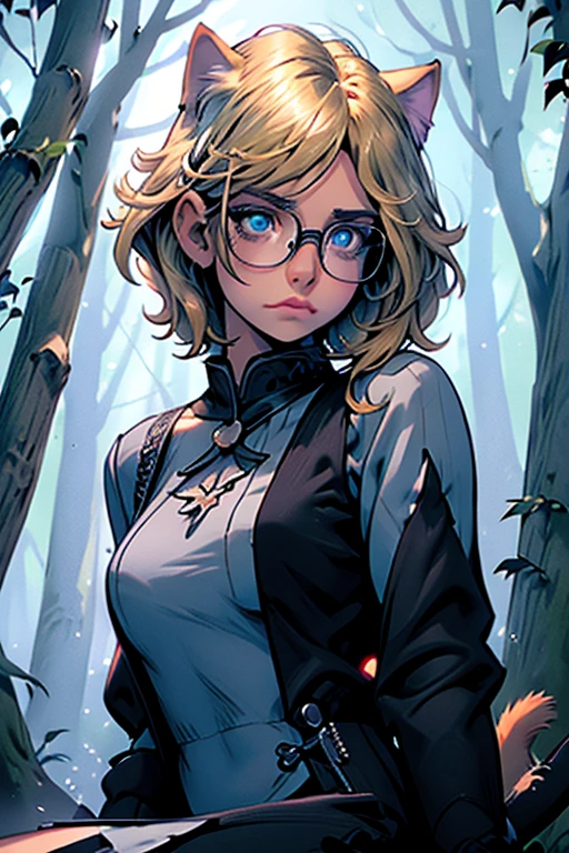 Perfect face. Perfect hands. A blonde haired woman with blue eyes and glasses and blonde cat ears and a cat tail and white wings and short hair in a Gothic dress is sitting in the creepy forest

