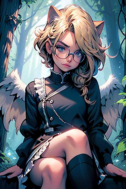 Perfect face. Perfect hands. A blonde haired woman with blue eyes and glasses and blonde cat ears and a cat tail and white wings and short hair in a Gothic dress is sitting in the creepy forest