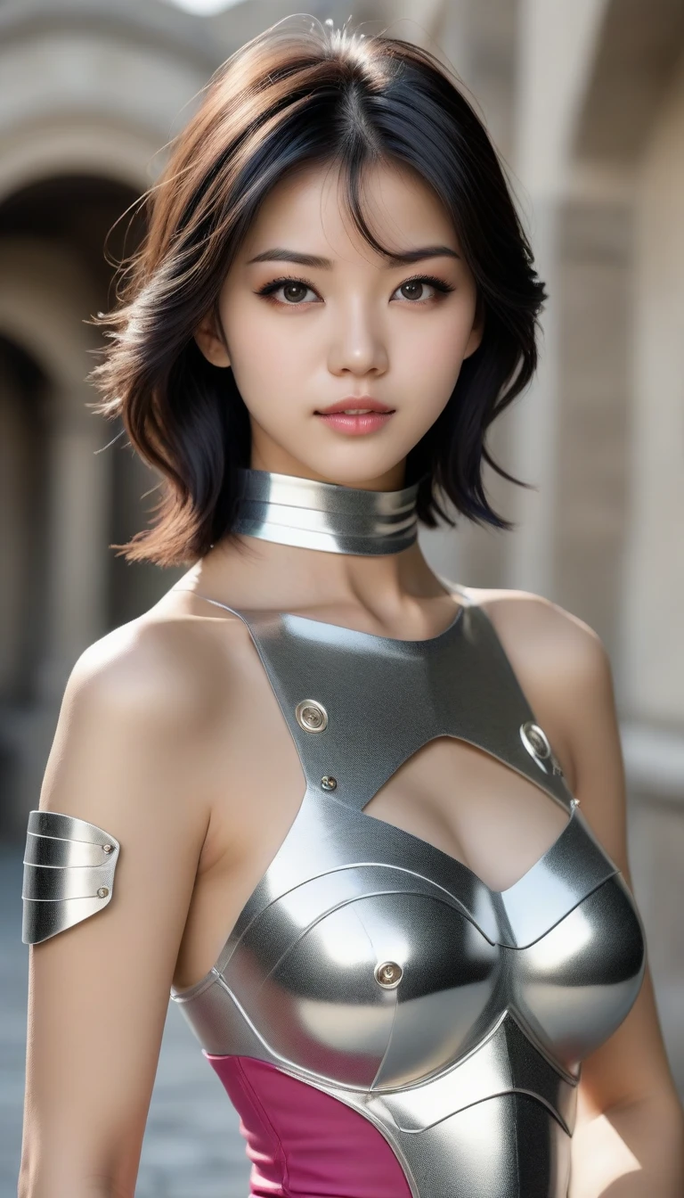 (1girl in:1.3), 独奏,__body-parts__, offcial art, 统一 8k 壁纸, ultra - detailed, Beautiful and aesthetic, big breasts beautiful, tmasterpiece, best qualtiy, raw,tmasterpiece,ultra fine photos,,best qualtiy,超A high resolution,Photoreality,rays of sunshine,portrait of a full body,stunningly beautiful,,dynamicposes,delicated face,Vibrant eyes,(Seen from the side),she is wearing a futuristic Iron Man mech,White gold color scheme,Very detailed abandoned warehouse background,A detailed face,Detailed and complex busy background,slovenly,opulent,milkyW,highly detailedskin,Realistic details of skin,Visible Pore,tack sharp focus,Volume Fog,8K UHD,dslr camera,high quarity,film grains,White skin of the,photorealisim,Lomography,A huge metropolis in a futuristic dystopia , look from down, semi transparent