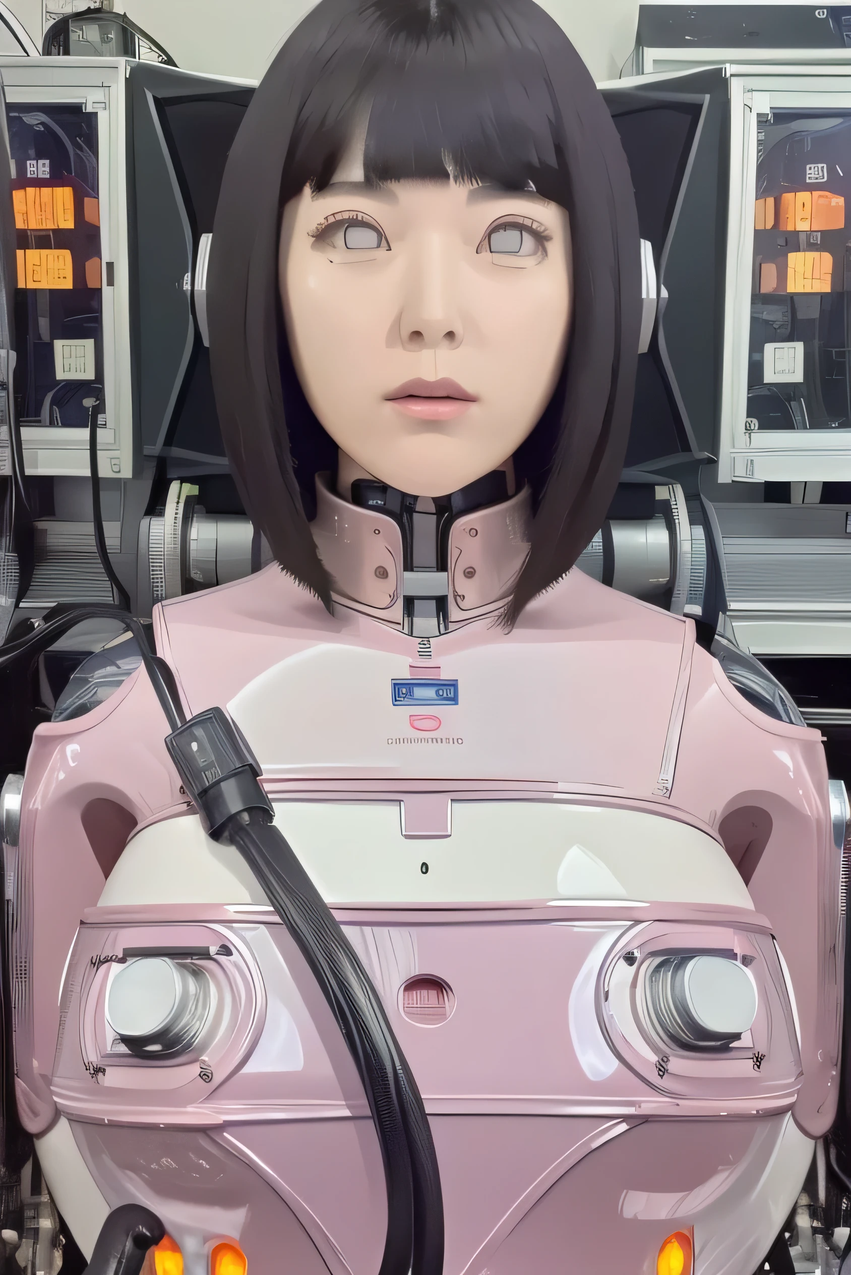 masterpiece, best quality, extremely detailed,portrait,upper body,front view,Japaese android girl,Plump, control panels,android,Droid,Mechanical Hand, Robot arms and legs,Blunt bangs,long tube,thick cable connected her neck,