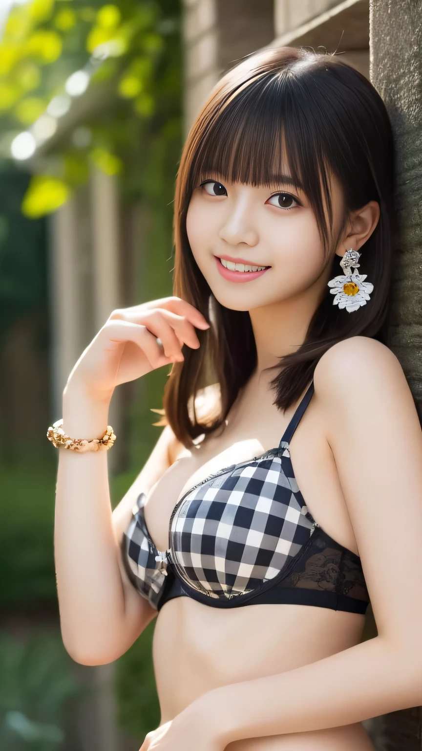 A unique masterpiece,  very concentrated、wonderful、    ultra high resolution、 highly detailed CG Unity 8K wallpaper,     1 girl, beautiful, Realistic,    foreground     , Black Haired Women's Earrings    , flower,  jewellery, nose, Realistic, Alone,  twin tails、Beautiful bangs、,  Fingers are hidden  , Hide your arms,   ************* or High ****** Girls   、Big Breasts、     provocative smile、   Full body image wearing    、 (Gingham Check Underwear 1 ,2)