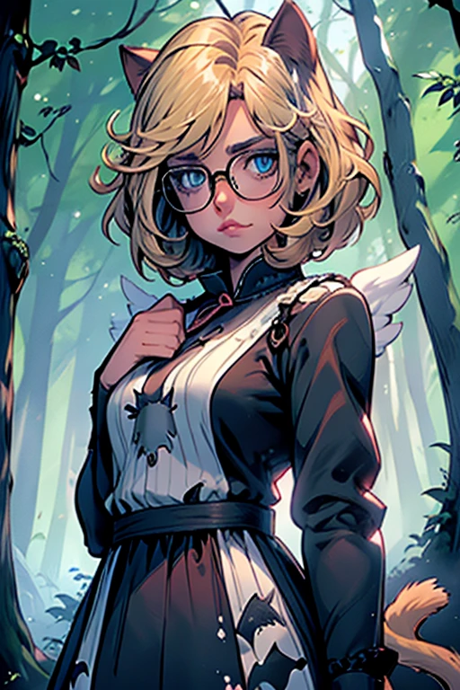 Perfect face. Perfect hands. A blonde haired woman with blue eyes and glasses and blonde cat ears and a cat tail and white wings and short hair in a Gothic dress is eating a cookie in the creepy forest