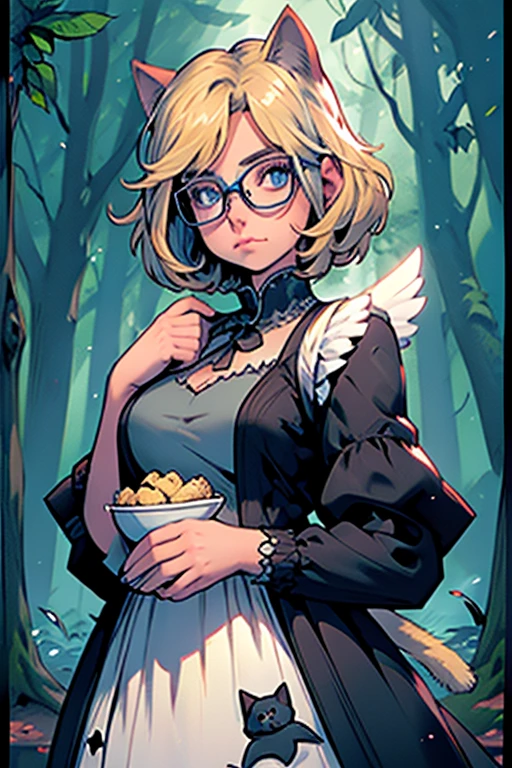 Perfect face. Perfect hands. A blonde haired woman with blue eyes and glasses and blonde cat ears and a cat tail and white wings and short hair in a Gothic dress is eating a cookie in the creepy forest