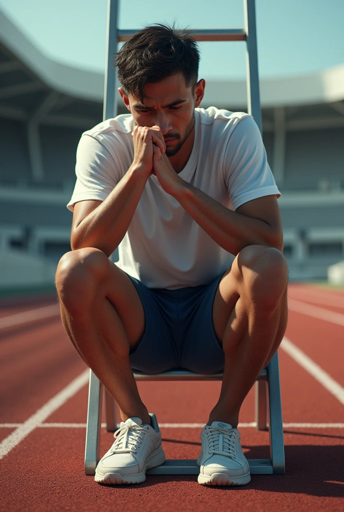 35 year old shirtless handsome caucasian athletic man wearing shorts lying his back on running track exahusted after run. Sweaty
