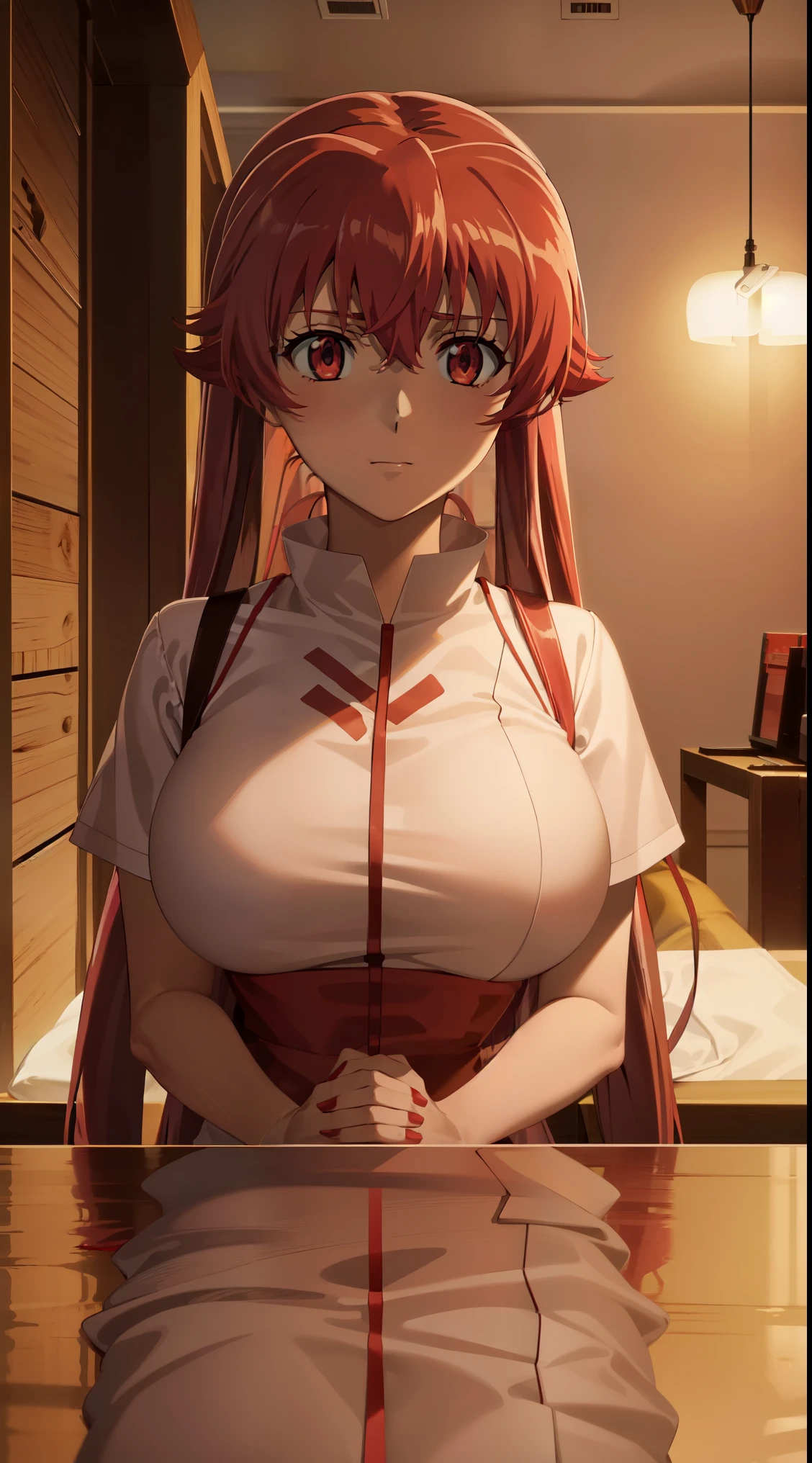 anime_still, masterpiece, best quality, 1girl, mine, Yuno, (((red hair))), (large breasts:1.5), two twintails, long hair, solo focus, light red hair , red eyes, nurse clothes, ((nigth:1.5)), (perfect hands:1.4), (masterpiece), nurse, apron