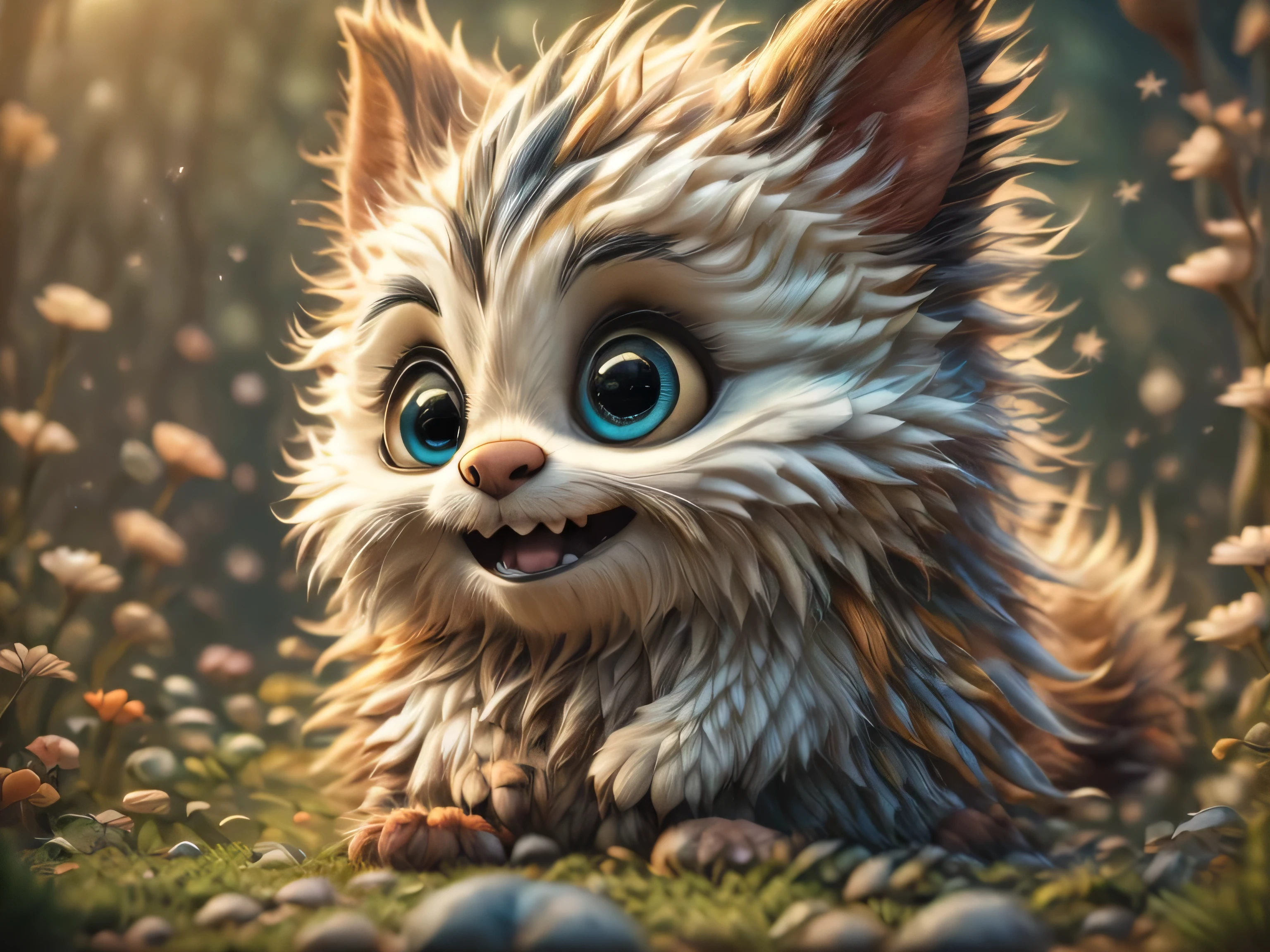 Magical Fantasy Creature, (Best Quality, Masterpiece, Representative Work, Official Art, Professional, Super Detailed, 8k:1.3), (Photorealism:1.2) Super Cute, Big Eyes, Soft, Delicate Nose, Furry, Smiling with Two Teeth, Skunk on Natural Background, Realistic, Beautiful, Stars in Eyes, Soft Volumetric Light, (Backlight:1.3), (Cinematic:1.2), Intricate Details, (ArtStation:1.3), --auto --s2