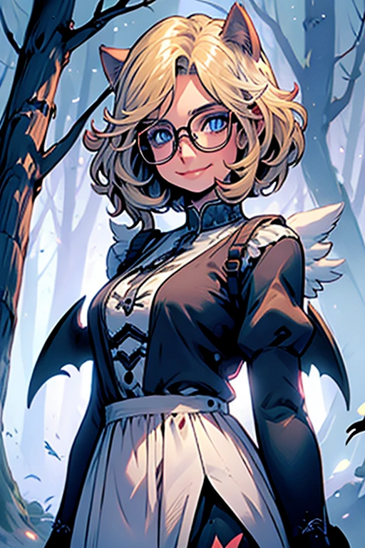 Perfect face. Perfect hands. A blonde haired woman with blue eyes and glasses and blonde cat ears and a cat tail and white wings and short hair in a Gothic dress is smiling while walking  in the creepy forest