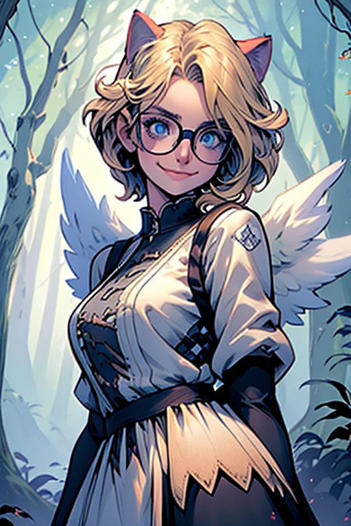 Perfect face. Perfect hands. A blonde haired woman with blue eyes and glasses and blonde cat ears and a cat tail and white wings and short hair in a Gothic dress is smiling while walking in the creepy forest