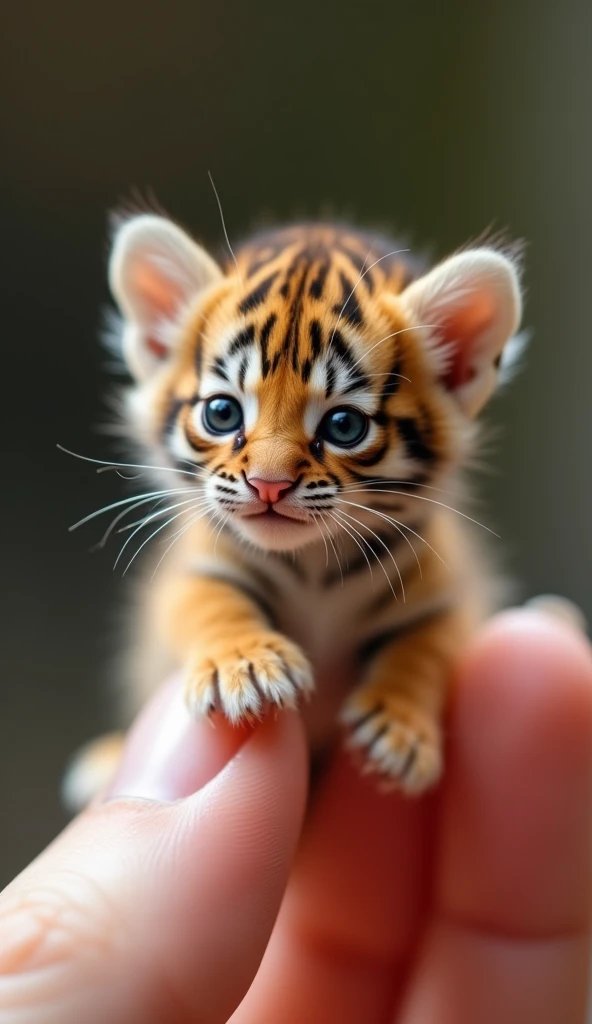 The Cute baby kitten is so unimaginably tiny that it’s smaller than a quark, almost beyond comprehension, perched delicately on the fingertip. Its body, covered in the faintest hint of soft orange and black stripes, is nearly invisible, like a fleeting thought or a whisper in the air. The tiger's eyes, though smaller than the tiniest particle, still manage to glisten with a trace of curiosity and innocence, creating a feeling of overwhelming cuteness. Its face, no bigger than a quantum particle, holds the faintest impression of a tiny, rounded nose and an almost imperceptible, sweet smile that is incredibly endearing. The tiger's ears are so minuscule they are like the faintest, fuzzy outlines, adding a barely-there charm to its tiny presence. The impossibly small paws, smaller than anything measurable, rest so delicately on the fingertip that they seem to defy the very notion of touch, emphasizing the tiger’s extreme fragility and delicate nature. The background is softly blurred, focusing all attention on this nearly non-existent yet utterly enchanting baby lion, a creature so small it feels like a magical thought brought to life.
