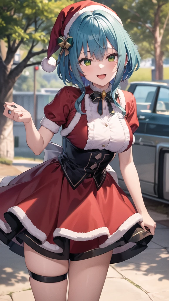 masterpiece, best quality, highres, aavillhaze, short hair, green eyes, breasts, merry christmas Dress, smile, open mouth, standing, cowboy shot, leaning forward, outdoors,