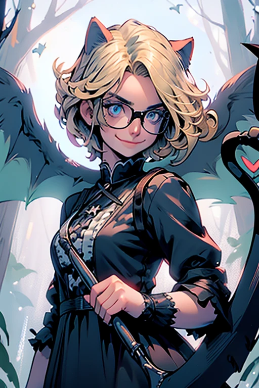 Perfect face. Perfect hands. A blonde haired woman with blue eyes and glasses and blonde cat ears and a cat tail and white wings and short hair in a Gothic dress is smiling while spinning a scythe in the creepy forest